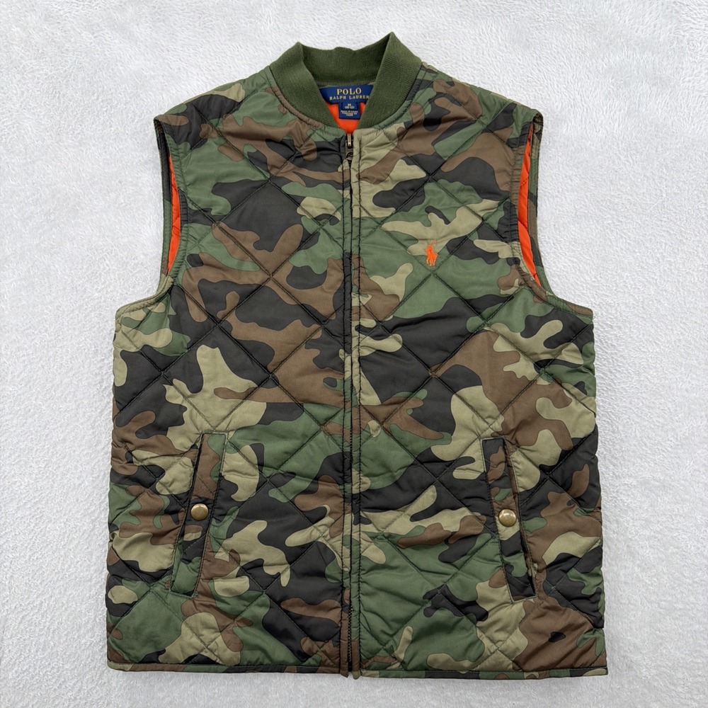 Polo Ralph Lauren Vest Boys Medium 10-12 Green Camo Down Quilted Packable Puffer